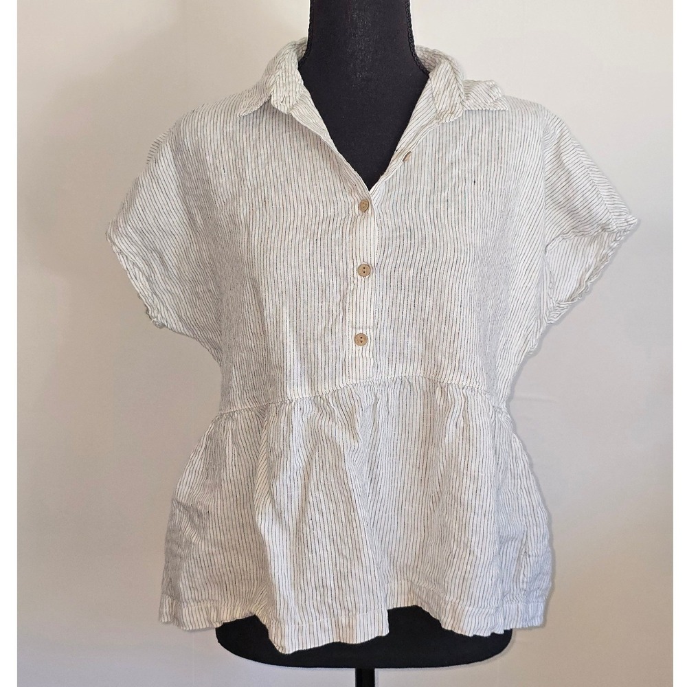 C&C California Women Blouse Size Small White Linen Striped Peplum Boho vacation - Picture 2 of 10
